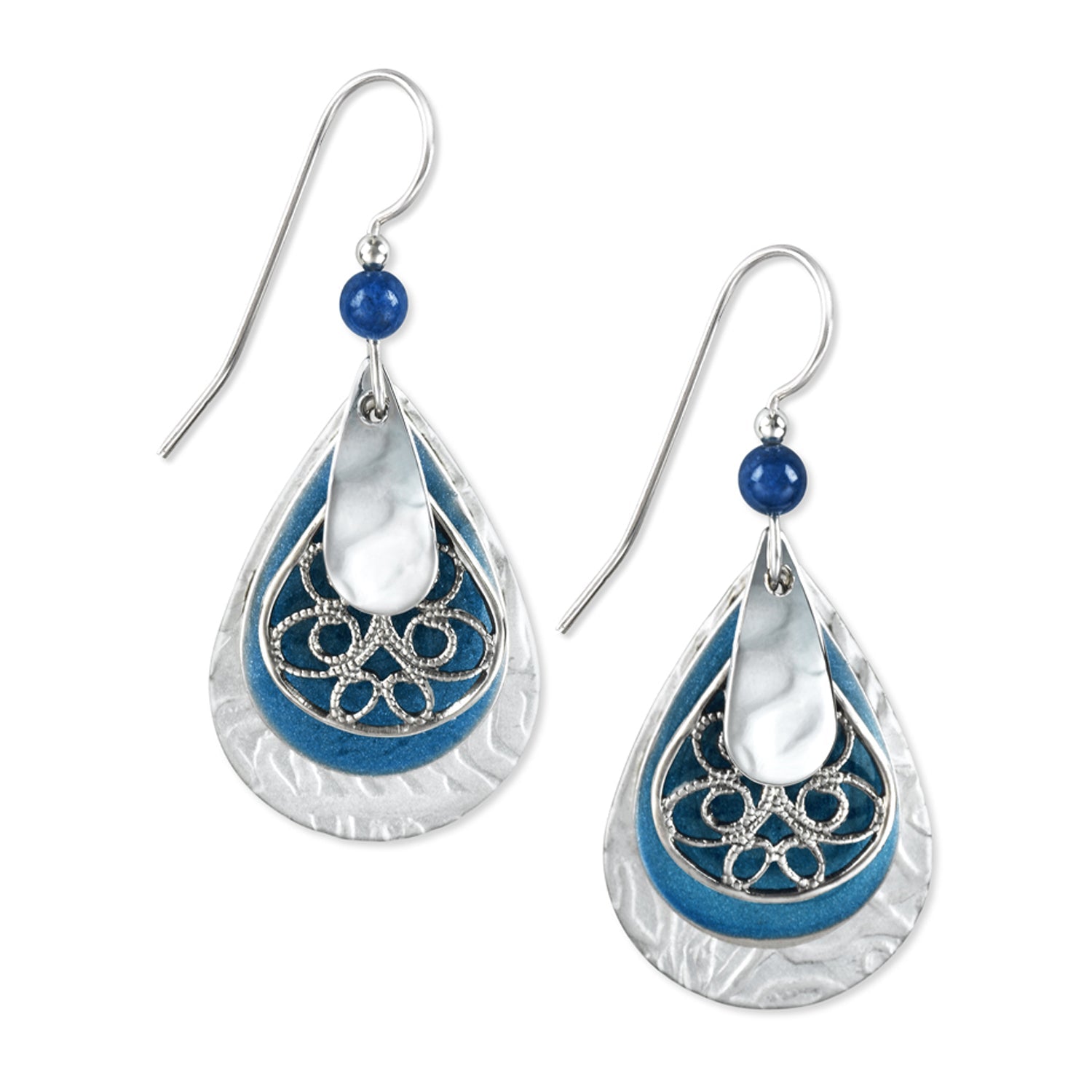 Silver Forest Large Teardrop Filigree Earrings in Blue - Juli's Wearable Art