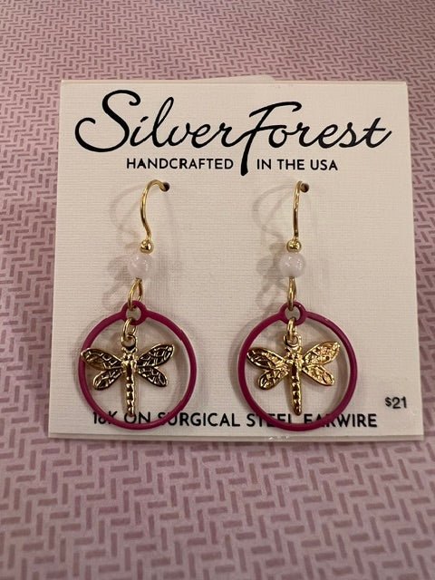Silver Forest Loop & Bead Earrings with Dragonfly