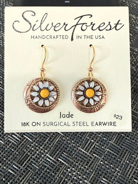 Silver Forest Sunflower Jade Layered Earrings