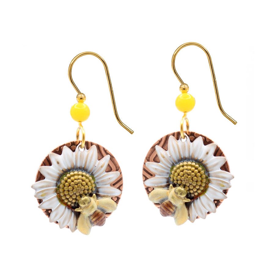 Silver Forest Sunflower with Bee Earrings - Juli's Wearable Art
