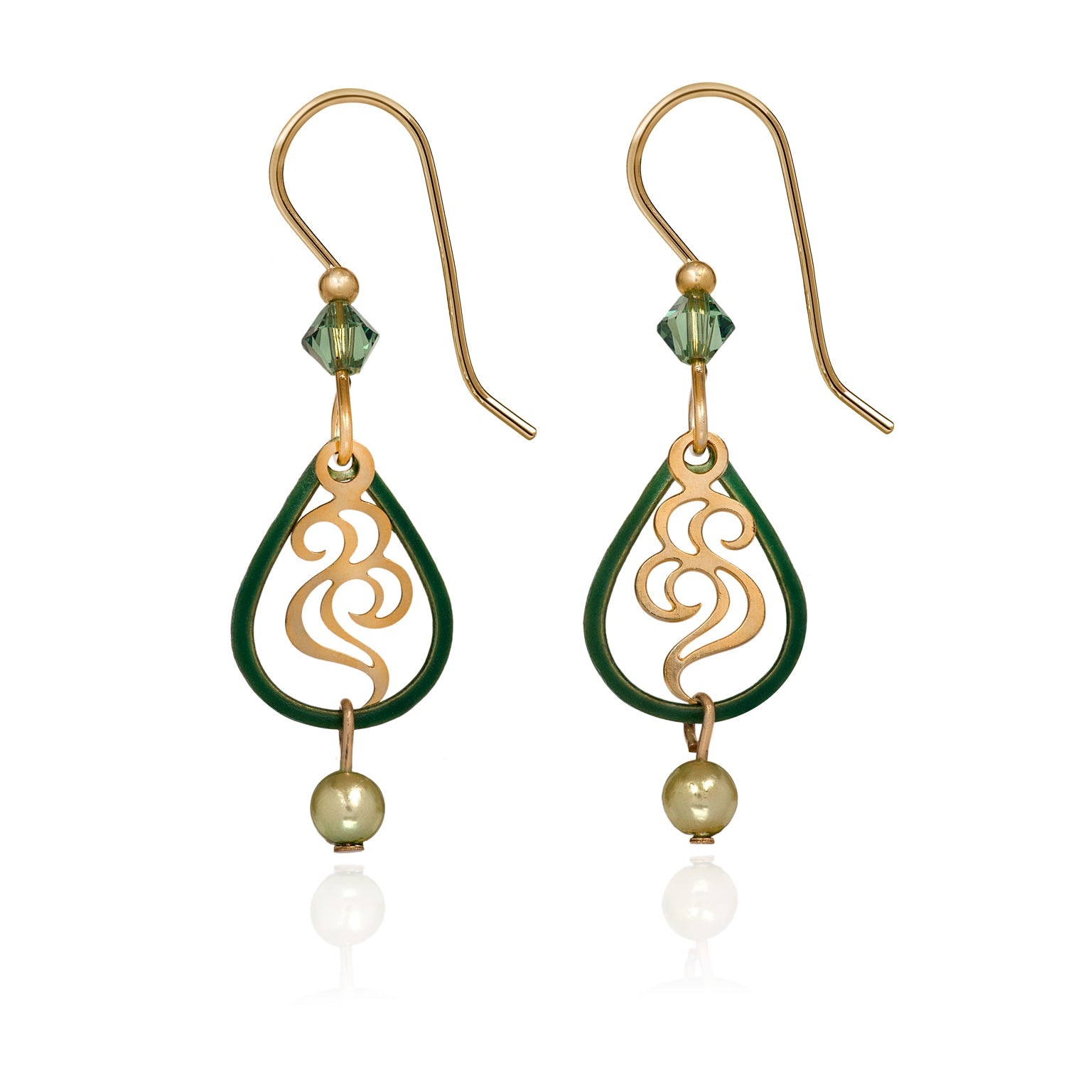 Silver Forest Teardrop Green & Gold Swirl Earrings - Juli's Wearable Art