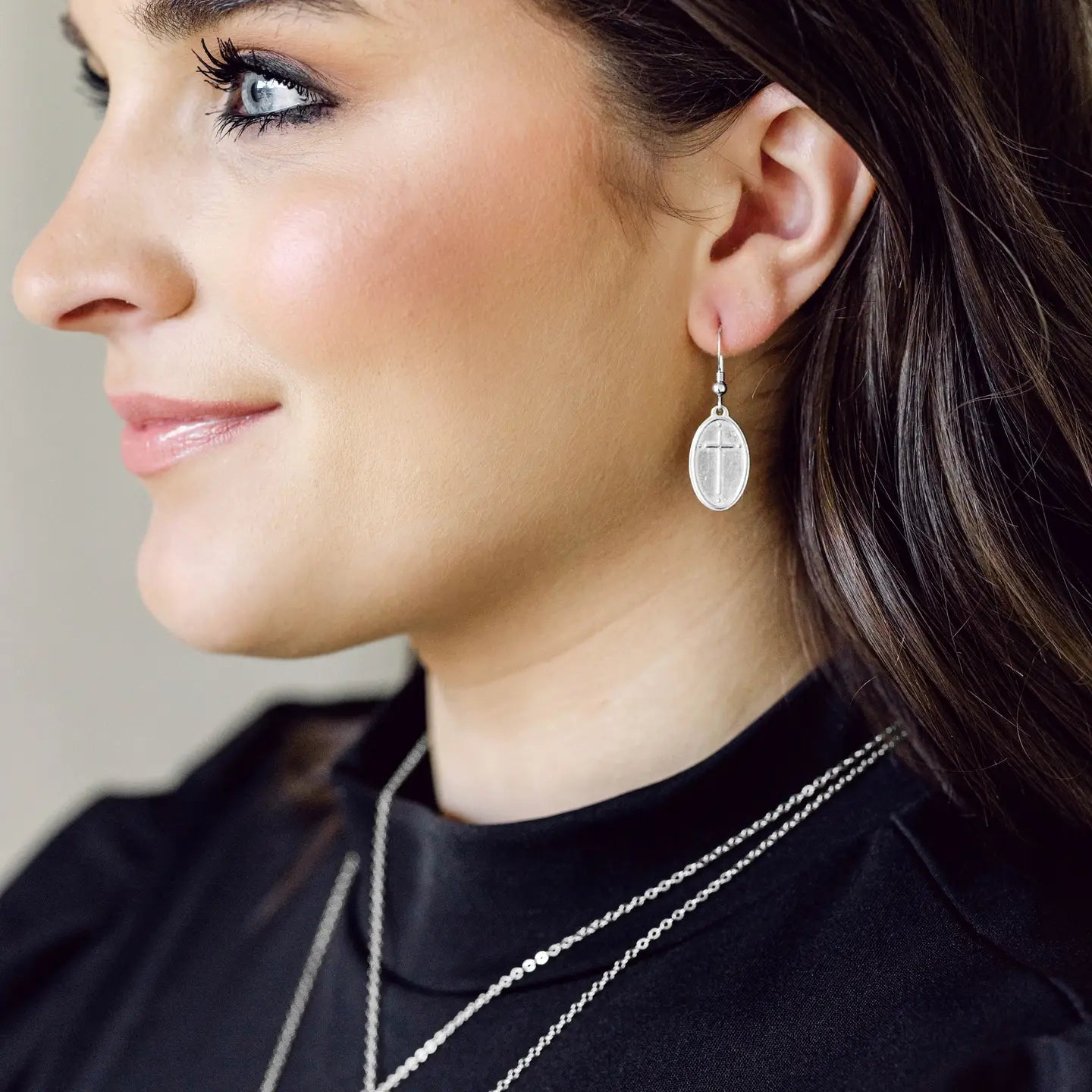 Silver French Hook Earrings | Oval Cross | Rom 5:8