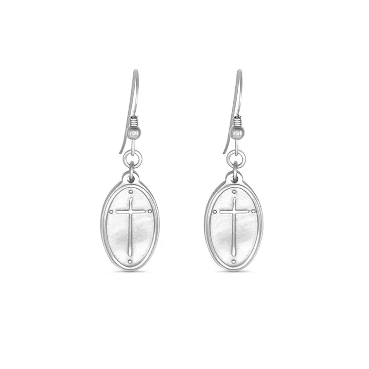 Silver French Hook Earrings | Oval Cross | Rom 5:8