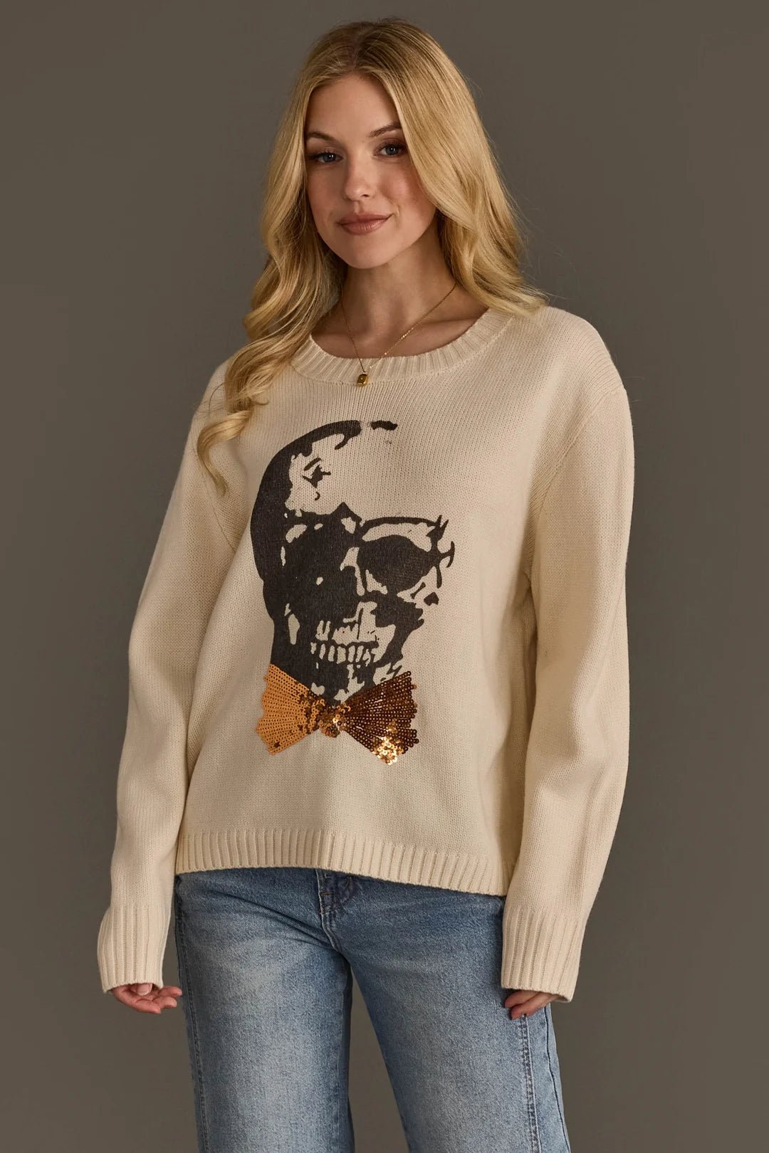 Skull Sweater with Sequin Bow Tie | Ivory