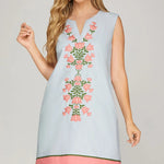 Sleeveless Floral Embroidered Mini Dress with Pockets - Juli's Wearable Art