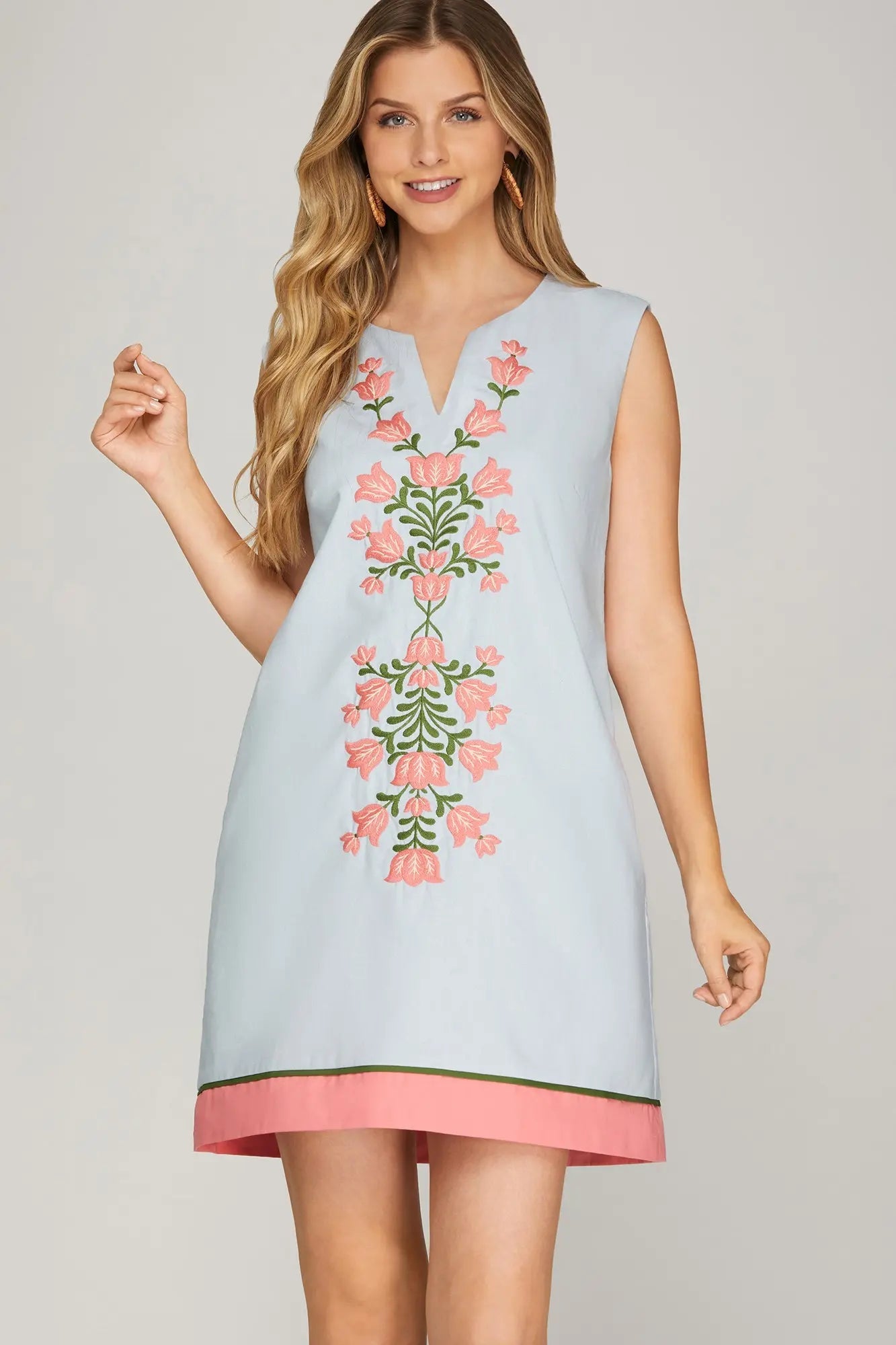 Sleeveless Floral Embroidered Mini Dress with Pockets S Sleeveless Floral Embroidered Mini Dress with Pockets S