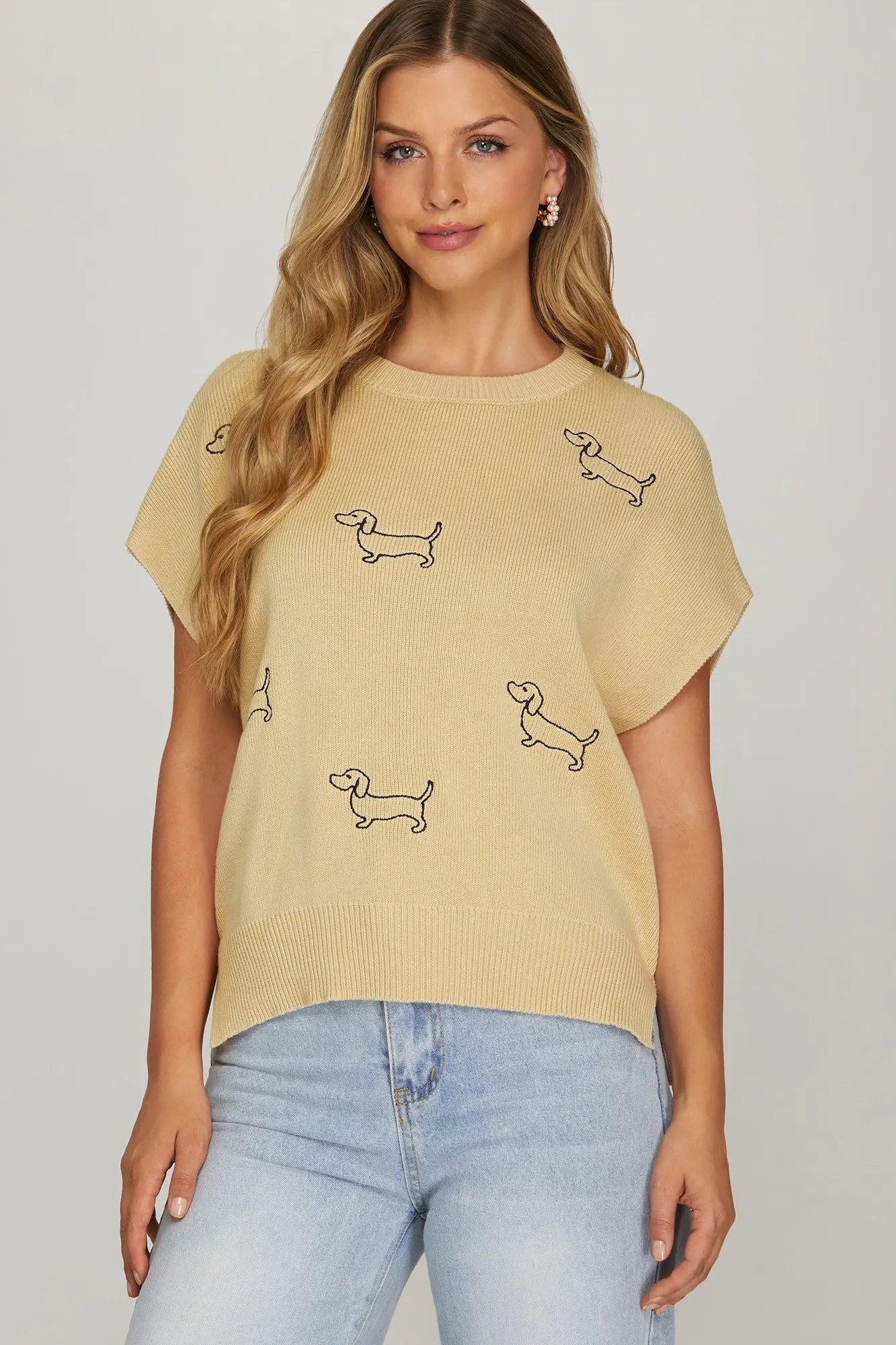 Sleeveless Sweater Top with Dog Embroidery | Taupe
