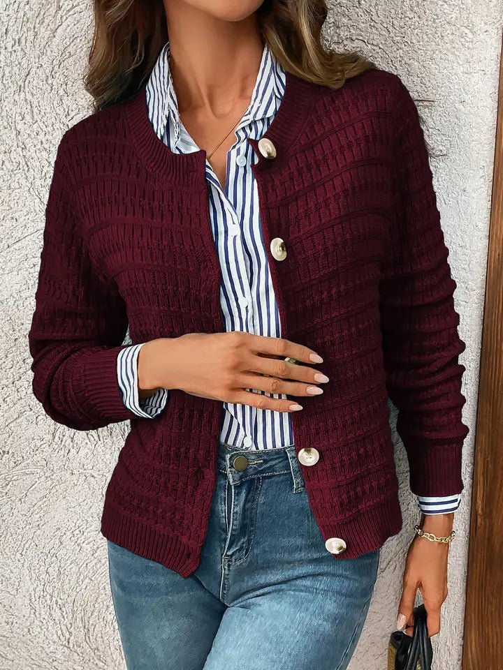 Solid-Color Commuter Knitted Casual Cardigan – Wine