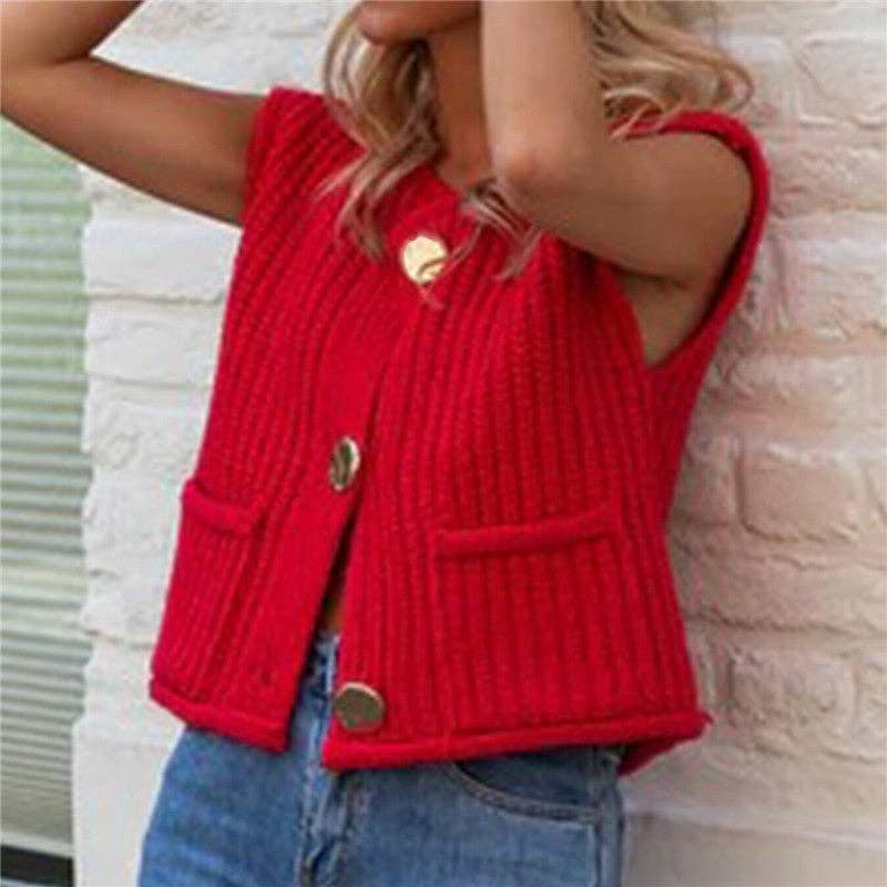 Solid Red Loose Knit Vest - Juli's Wearable Art
