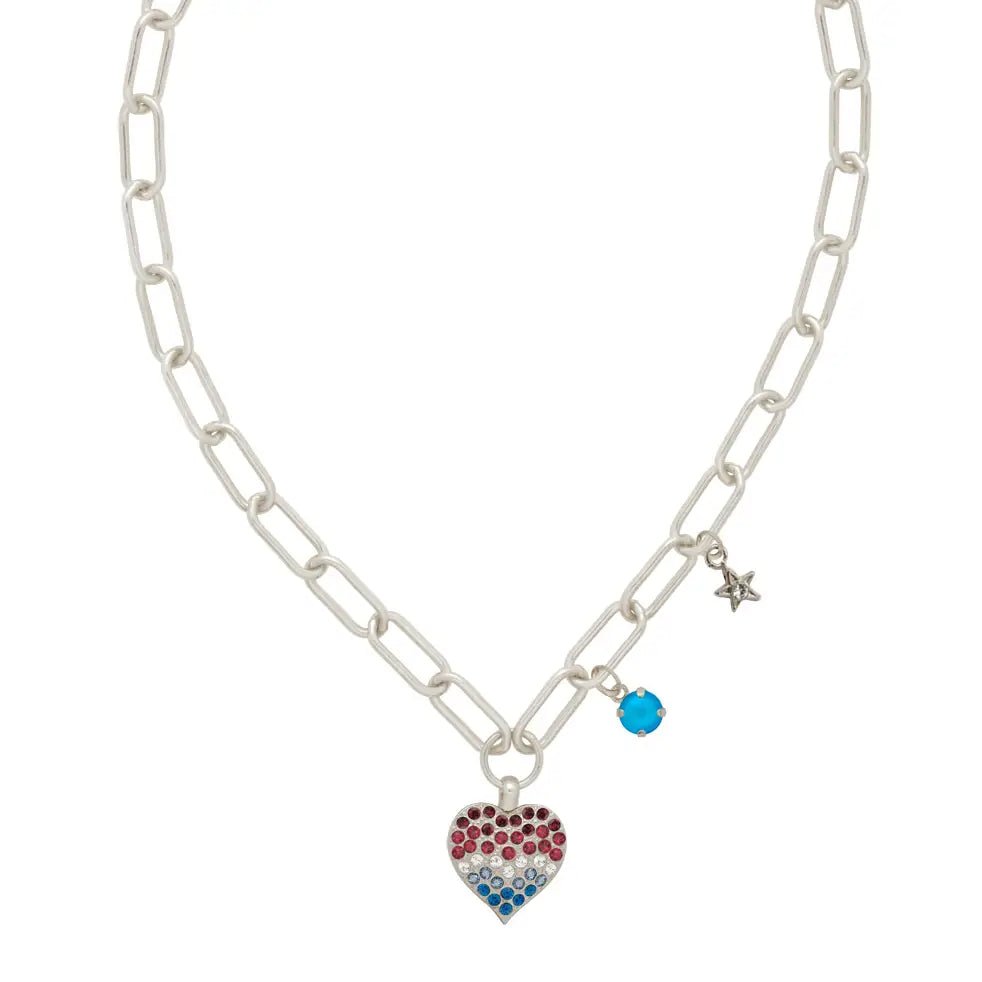 Sorrelli Pave Heart Charm Pendant Necklace | Silver | Stars & Stripes