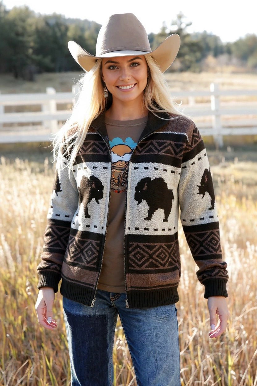 Southwestern Vintage Aztec Buffalo Zip-Up Knit Sweater