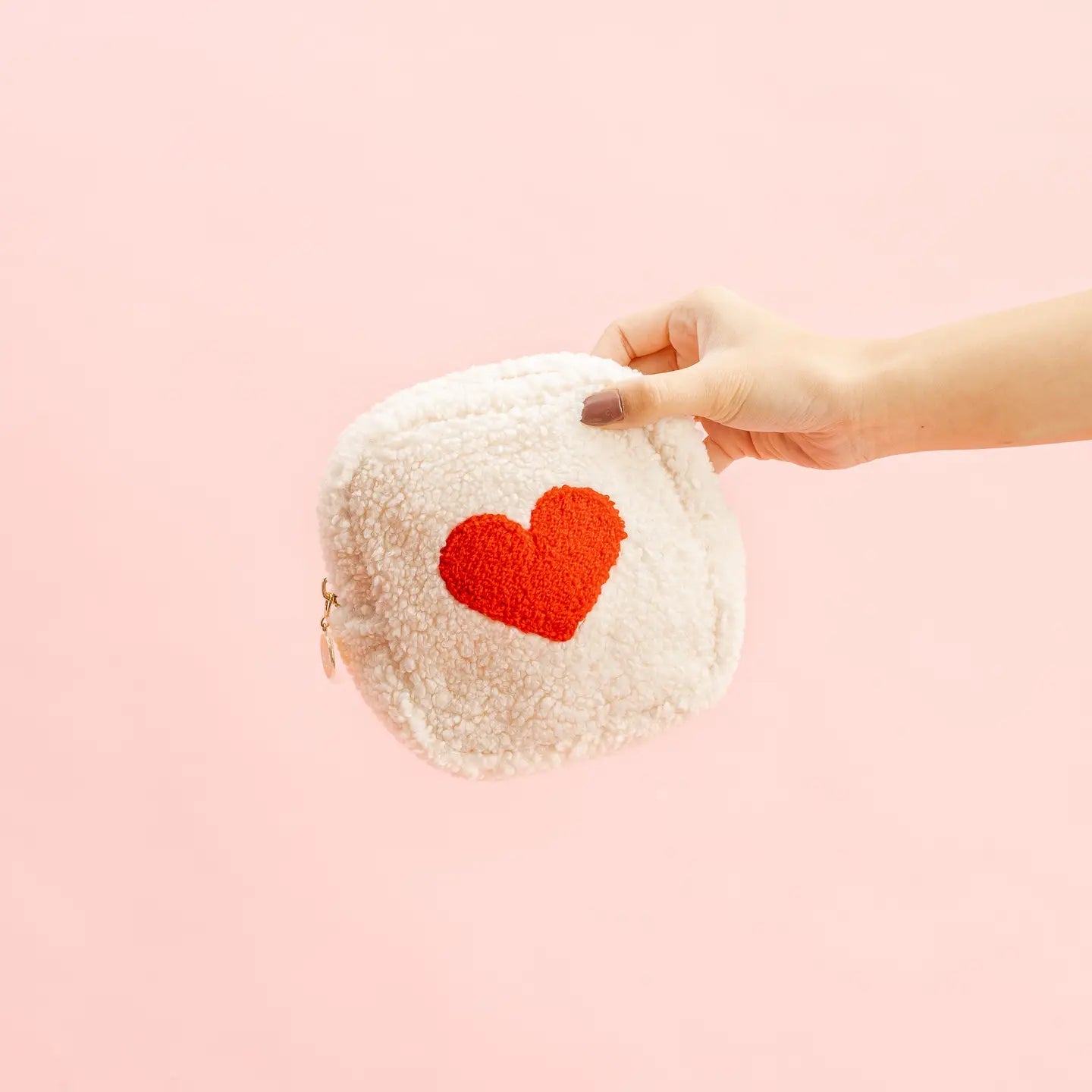 Square Teddy Pouch - Cream with Red Heart - Juli's Wearable Art