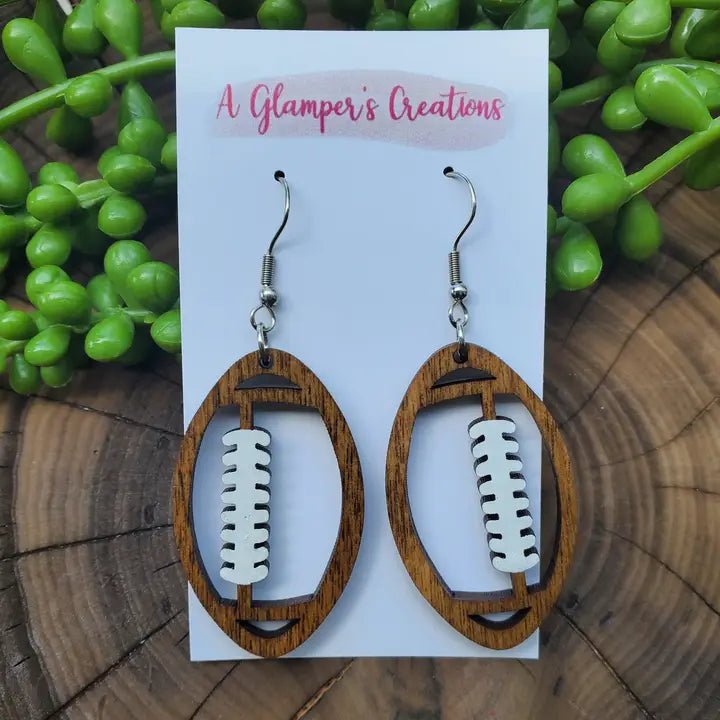 Stained Football with White Painted Laces Wooden Earrings - Juli's Wearable Art
