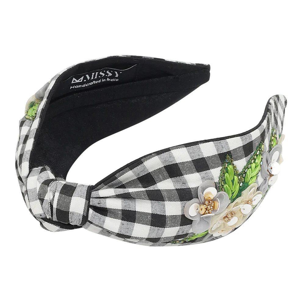 Statement Headband | Ivory Blossom Gingham - Juli's Wearable Art