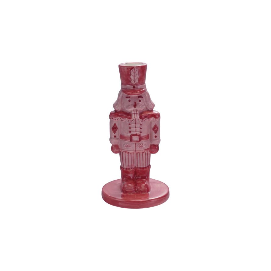Stoneware Nutcracker Taper Holder, Pink & Red with Sugar - Juli's Wearable Art