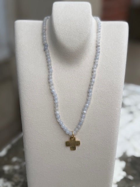 Susan Shaw Alys Gold Cross Necklace | Aqua Agate