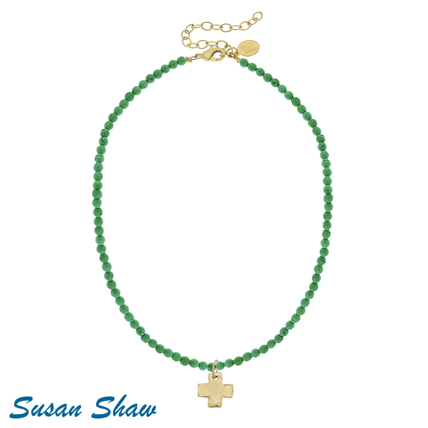 Susan Shaw Alys Gold Cross Necklace | Emerald Green Agate