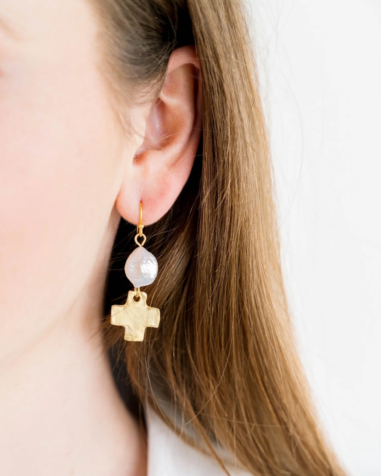 Susan Shaw Coin Pearl + Gold Cross Drop Earrings