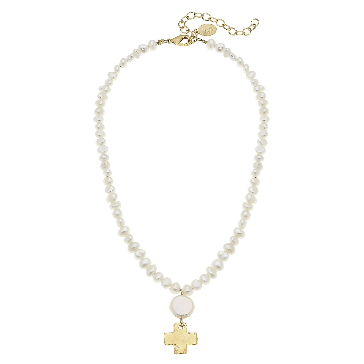 Susan Shaw Coin Pearl Gold Cross Drop Necklace
