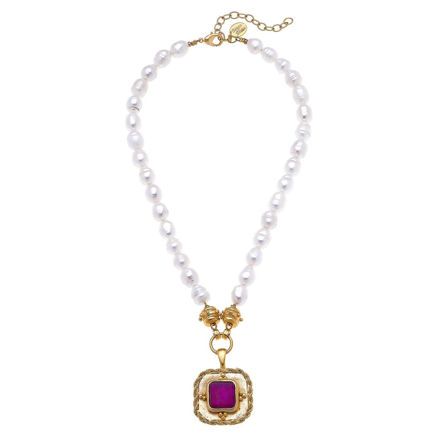 Susan Shaw Freshwater Pearl Necklace with Fuchsia French Glass Pendant - Juli's Wearable Art