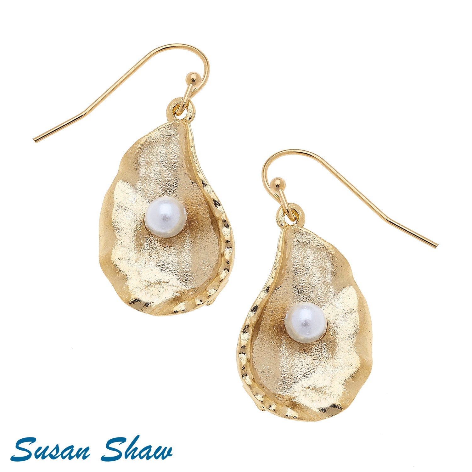 Susan Shaw Handcast Gold Oyster with Freshwater Pearl Earring - Juli's Wearable Art