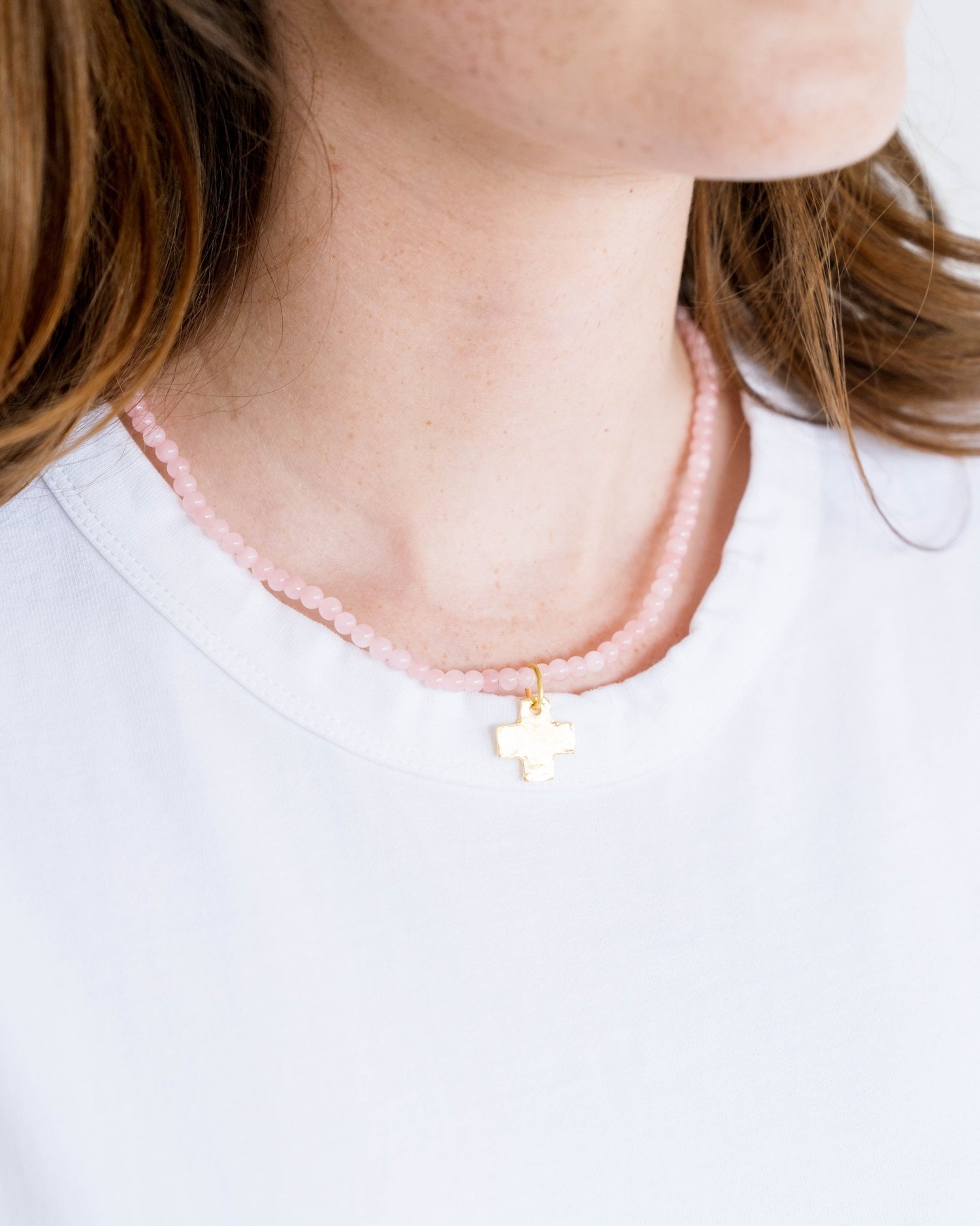 Susan Shaw Heart Beaded Gold Necklace | Light Pink Agate - Juli's Wearable Art