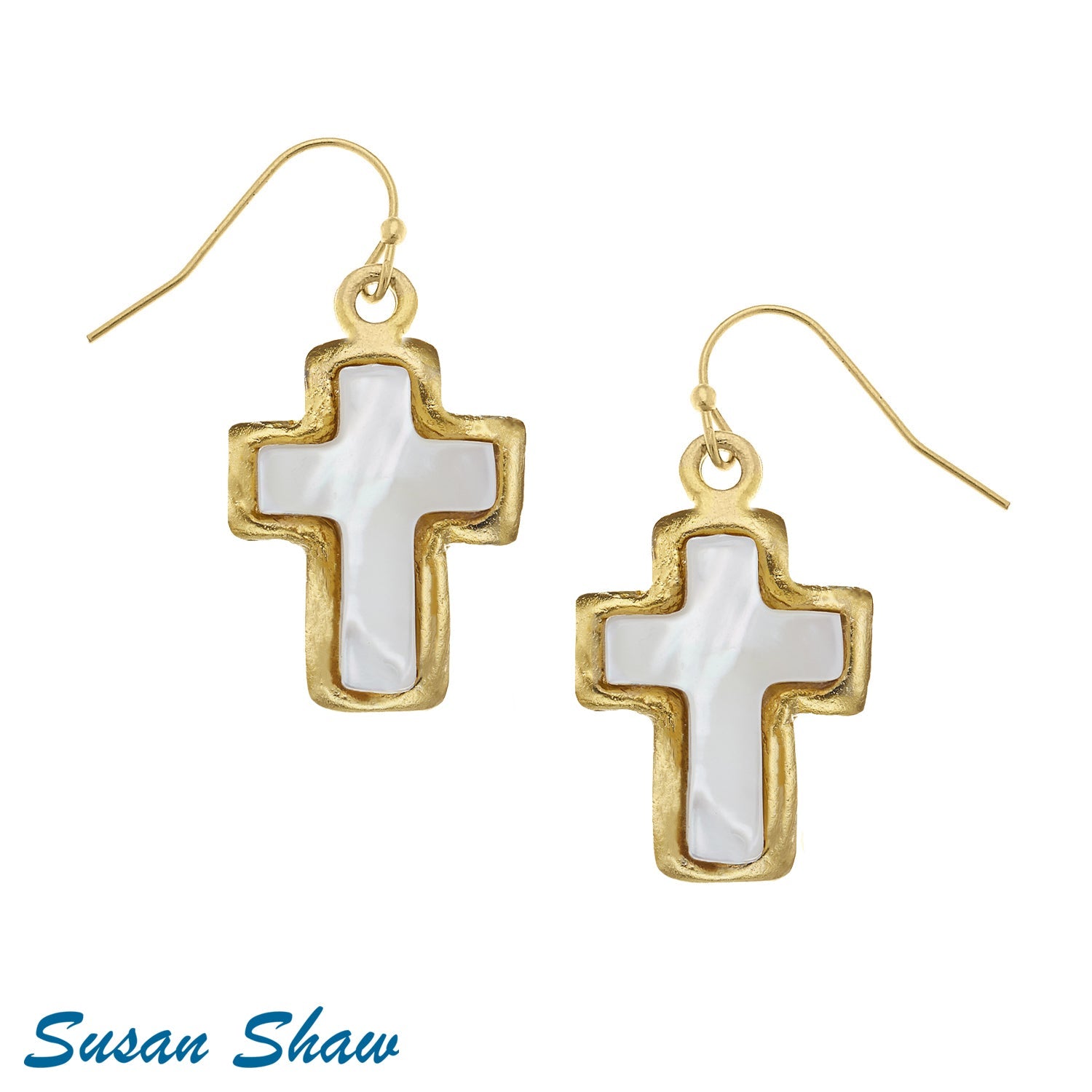 Susan Shaw Mother of Pearl Cross Drop Earrings | Gold