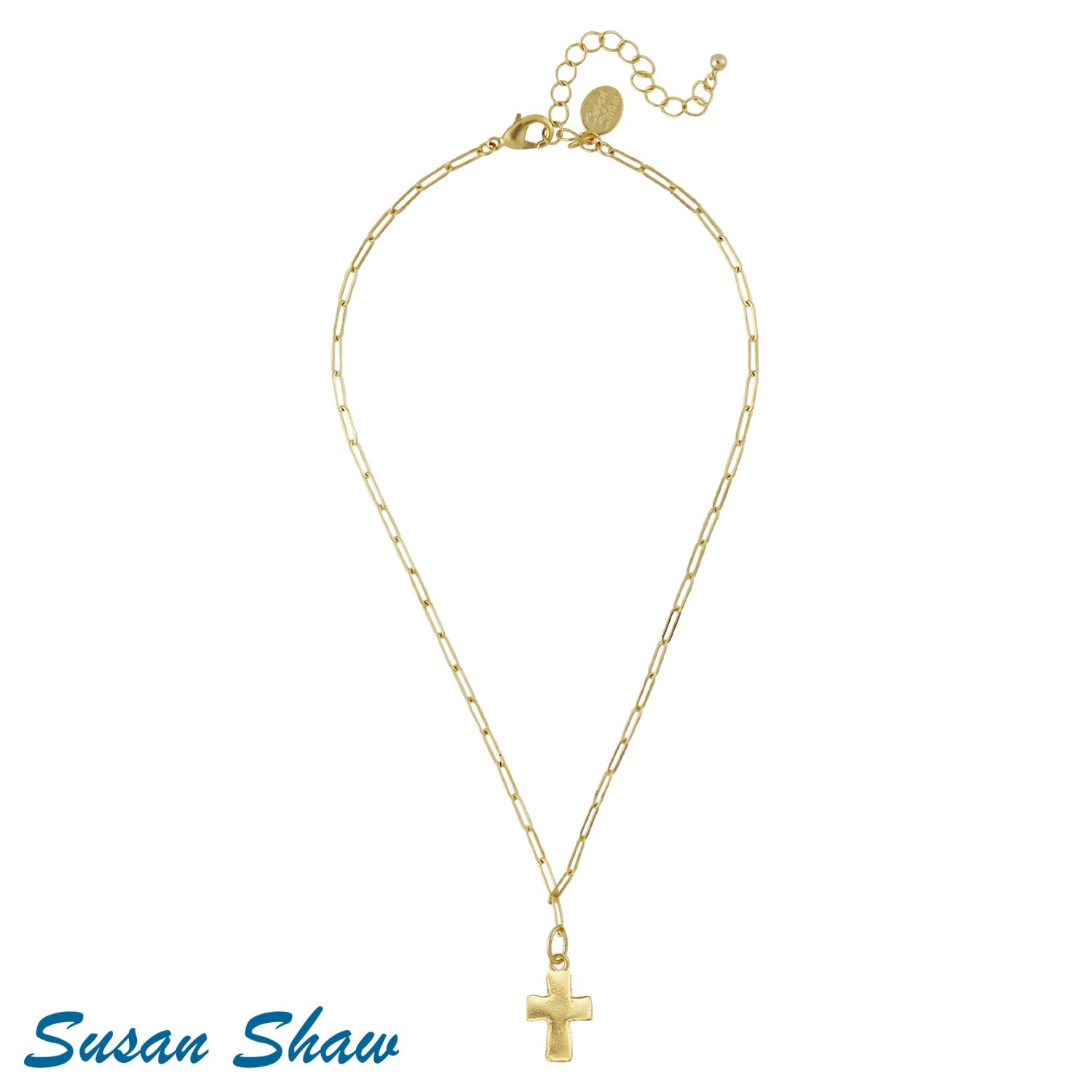 Susan Shaw Small Cross Paperclip Necklace | Gold