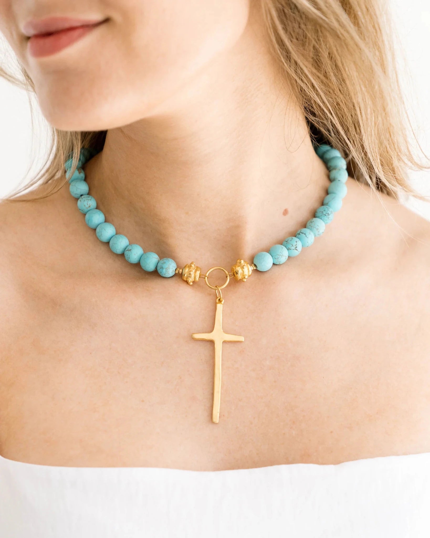 Susan Shaw Turquoise Tall Cross Necklace - Juli's Wearable Art