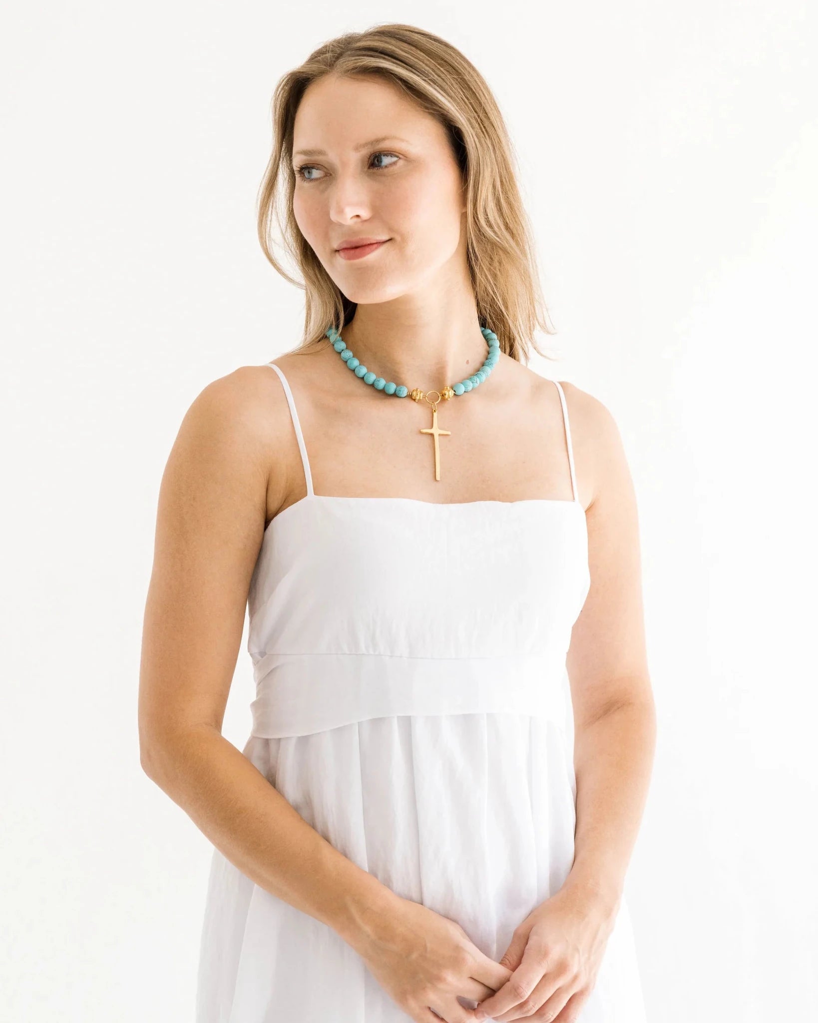 Susan Shaw Turquoise Tall Cross Necklace - Juli's Wearable Art