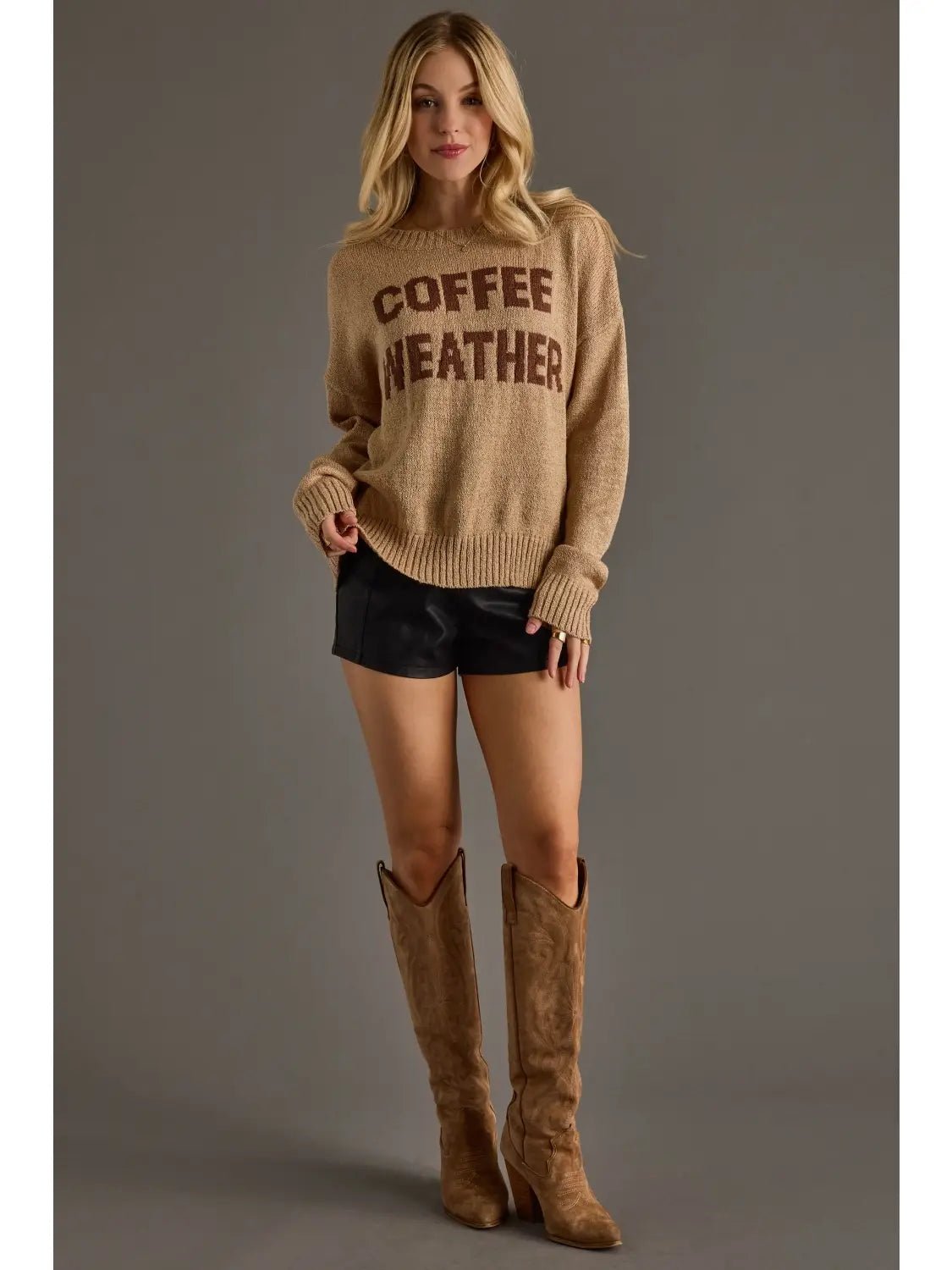 Tan Knit “Coffee Weather” Sweater - Juli's Wearable Art
