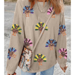 Thanksgiving Sequin Turkey Graphic Baggy Sweatshirt - Juli's Wearable Art