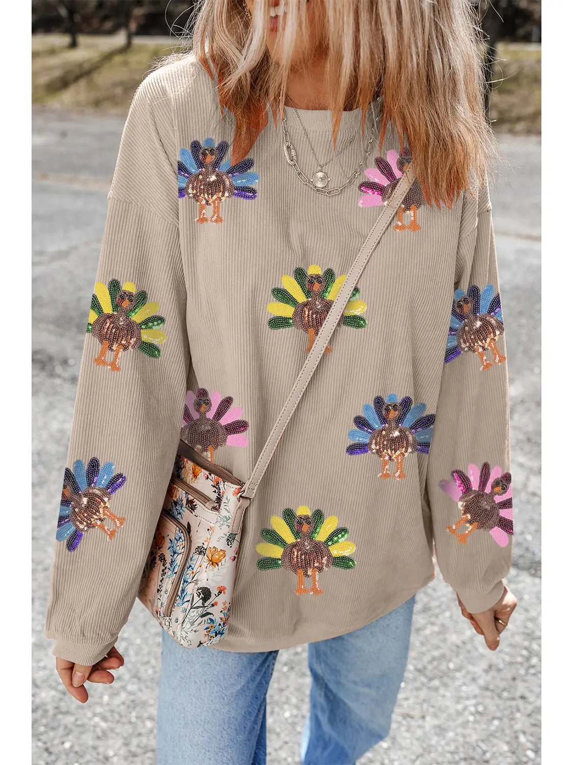 Thanksgiving Sequin Turkey Graphic Baggy Sweatshirt