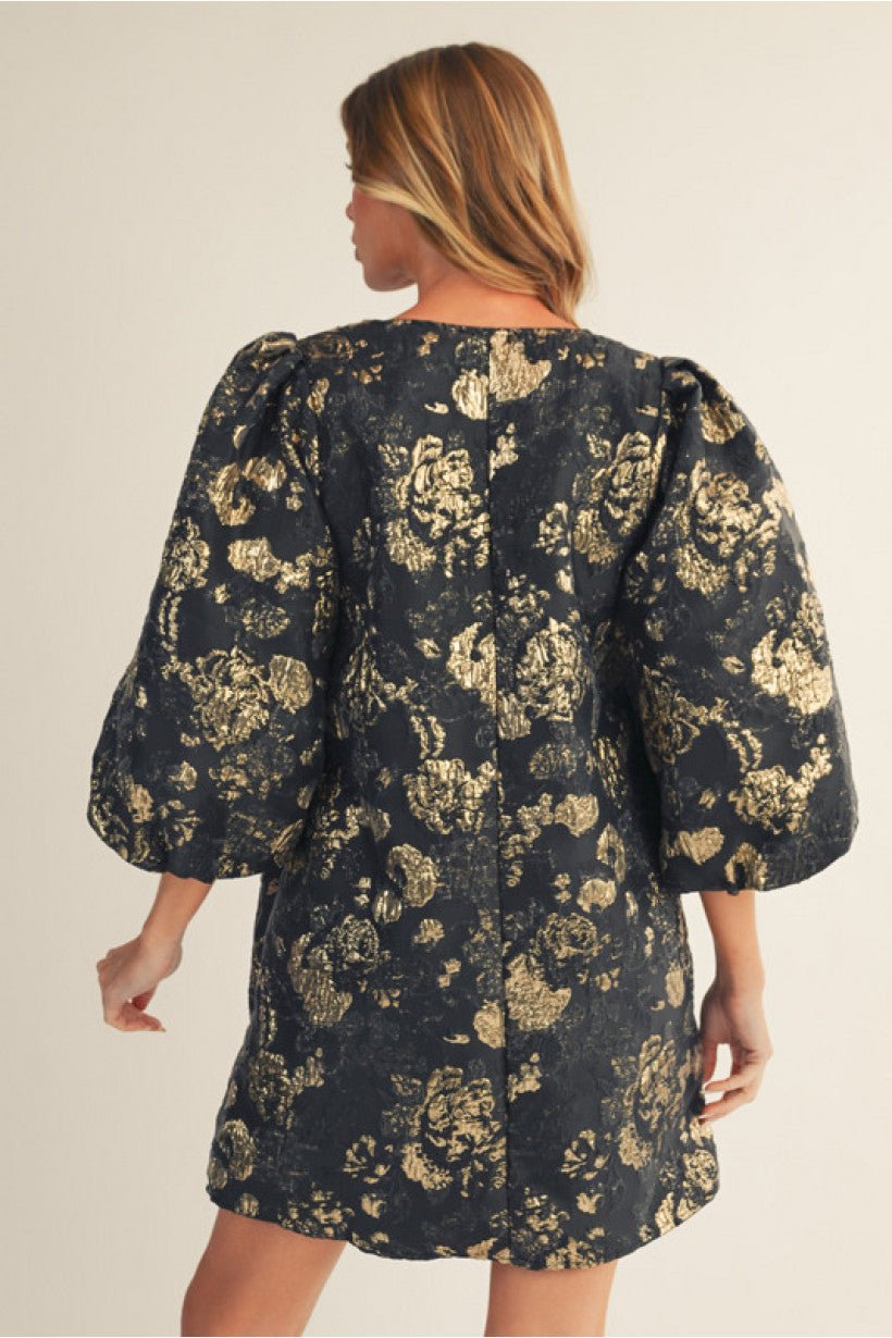The Giselle Dress – Black and Gold Floral Jacquard - Juli's Wearable Art