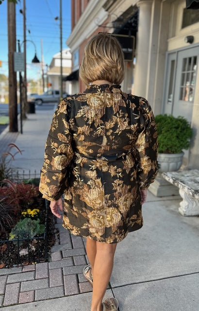 The Sienna Dress – Black, Brown, and Gold Jacquard Floral - Juli's Wearable Art