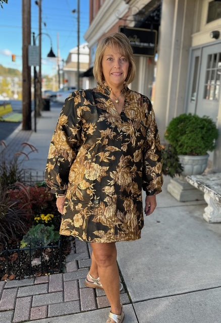 The Sienna Dress – Black, Brown, and Gold Jacquard Floral - Juli's Wearable Art