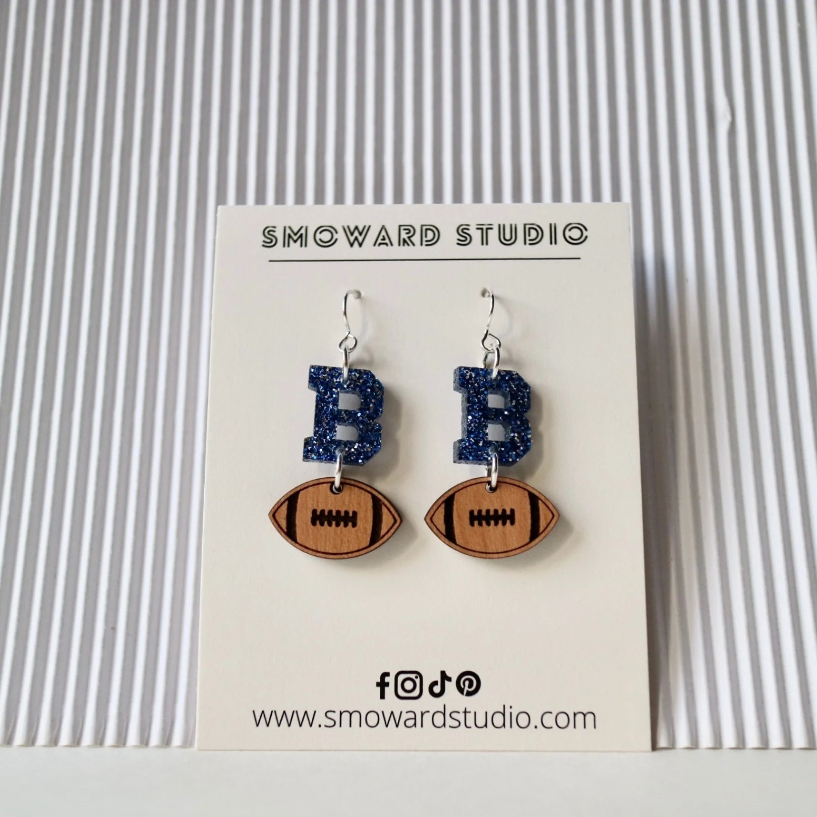 Tiny "B" Blue Glitter Acrylic & Wood Football Earrings