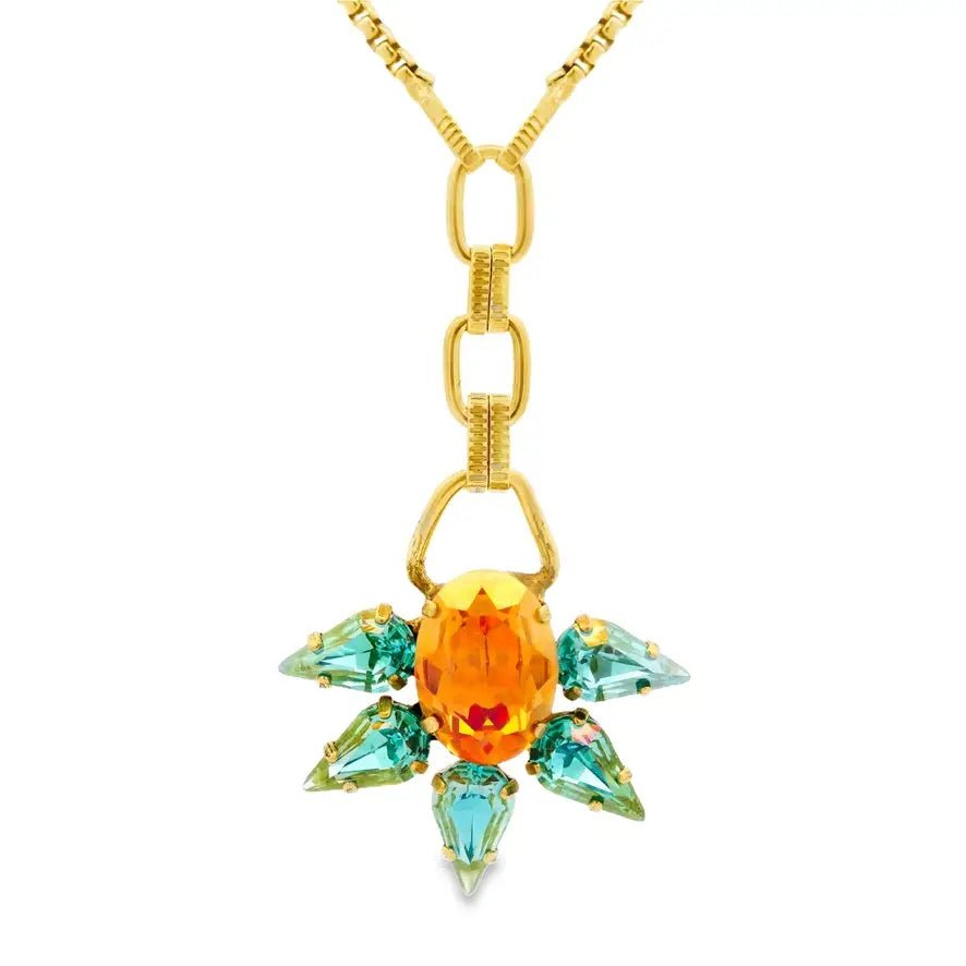 TOVA Crystal Flower Pendant Necklace | Orange & Aqua - Juli's Wearable Art