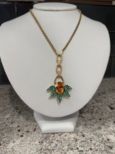 TOVA Crystal Flower Pendant Necklace | Orange & Aqua - Juli's Wearable Art