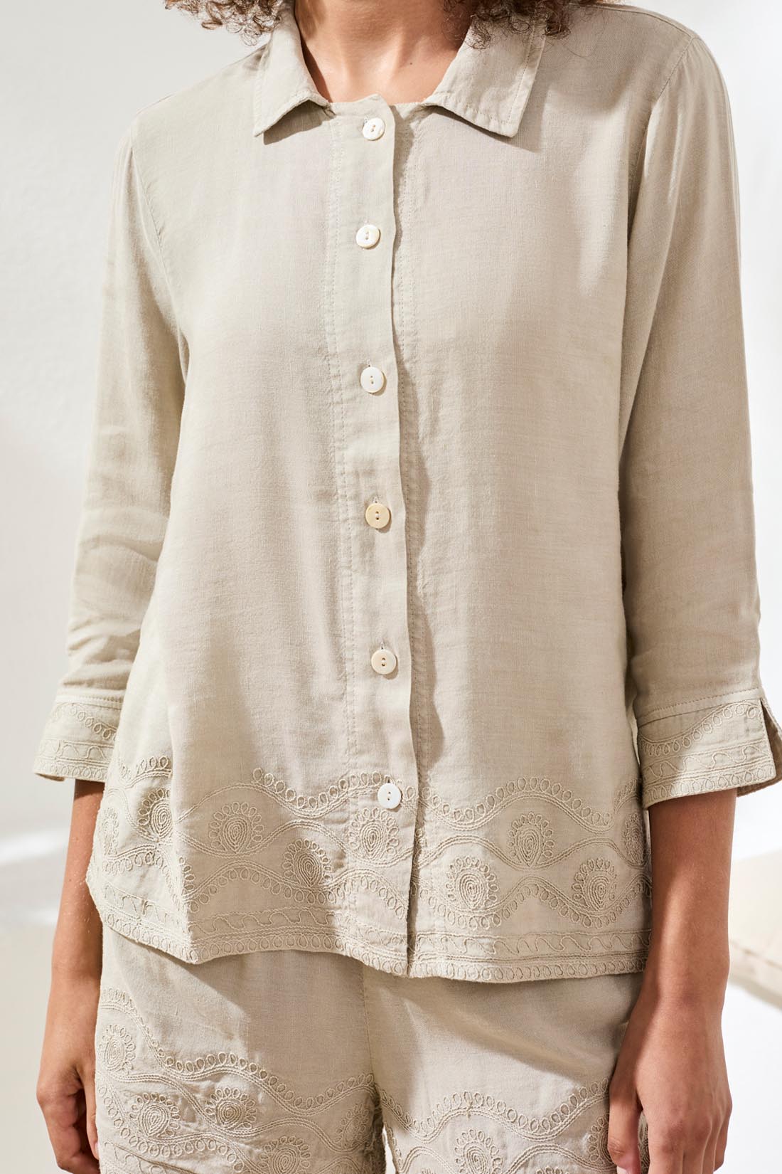Tribal 3/4 Sleeve Button Front Blouse | Quartz - Juli's Wearable Art