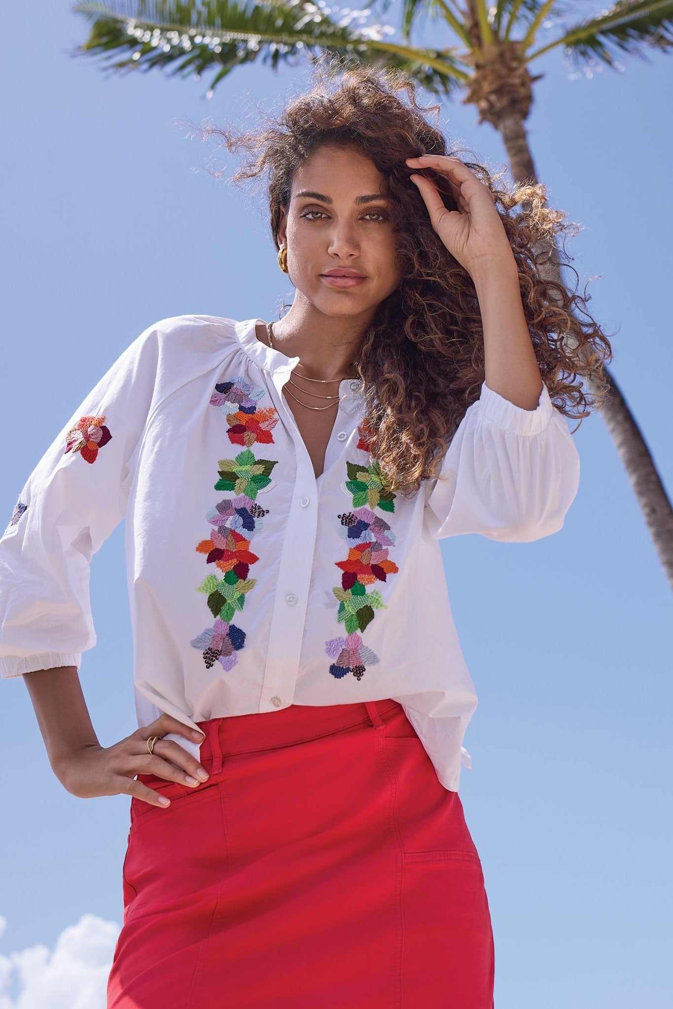 Tribal 3/4 Sleeve Button Front Blouse with Embroidery