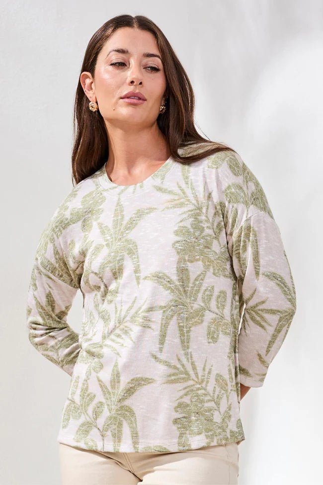 Tribal 3/4 Sleeve Crew Neck Top | Kiwi Zest - Juli's Wearable Art