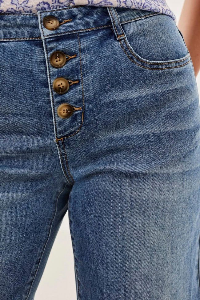 Tribal Audrey Button Fly Wide Crop Denim Jeans | Pebble Blue - Juli's Wearable Art