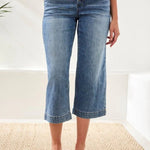 Tribal Audrey Button Fly Wide Crop Denim Jeans | Pebble Blue - Juli's Wearable Art