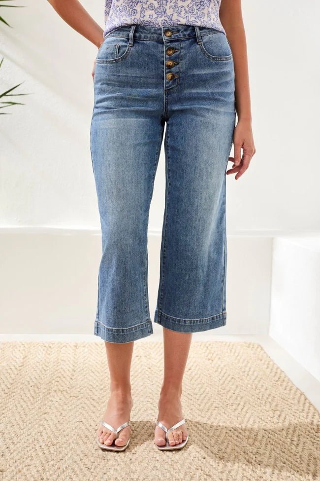 Tribal Audrey Button Fly Wide Crop Denim Jeans | Pebble Blue - Juli's Wearable Art