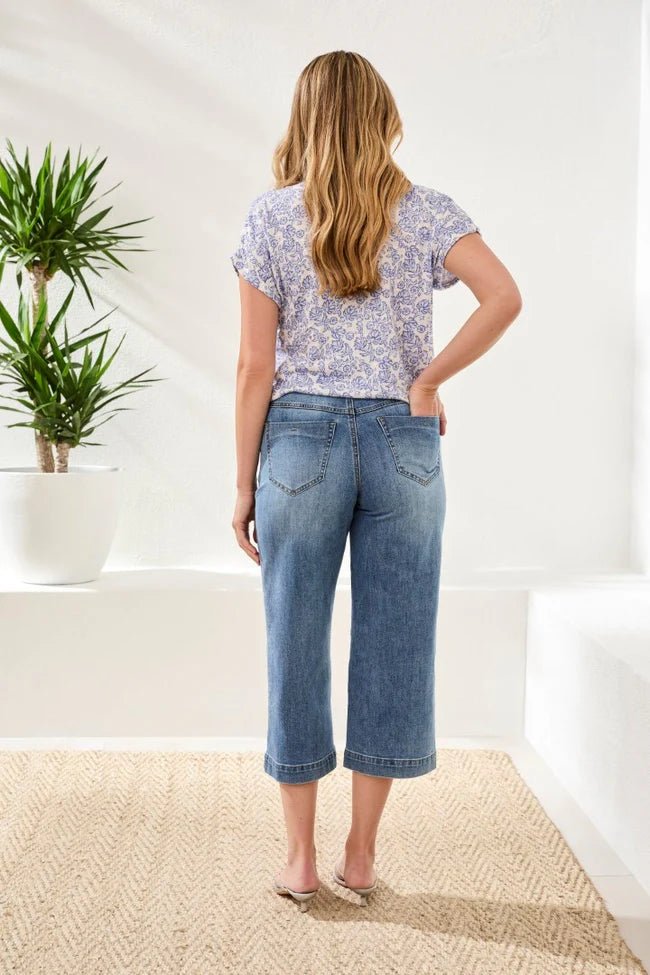 Tribal Audrey Button Fly Wide Crop Denim Jeans | Pebble Blue - Juli's Wearable Art