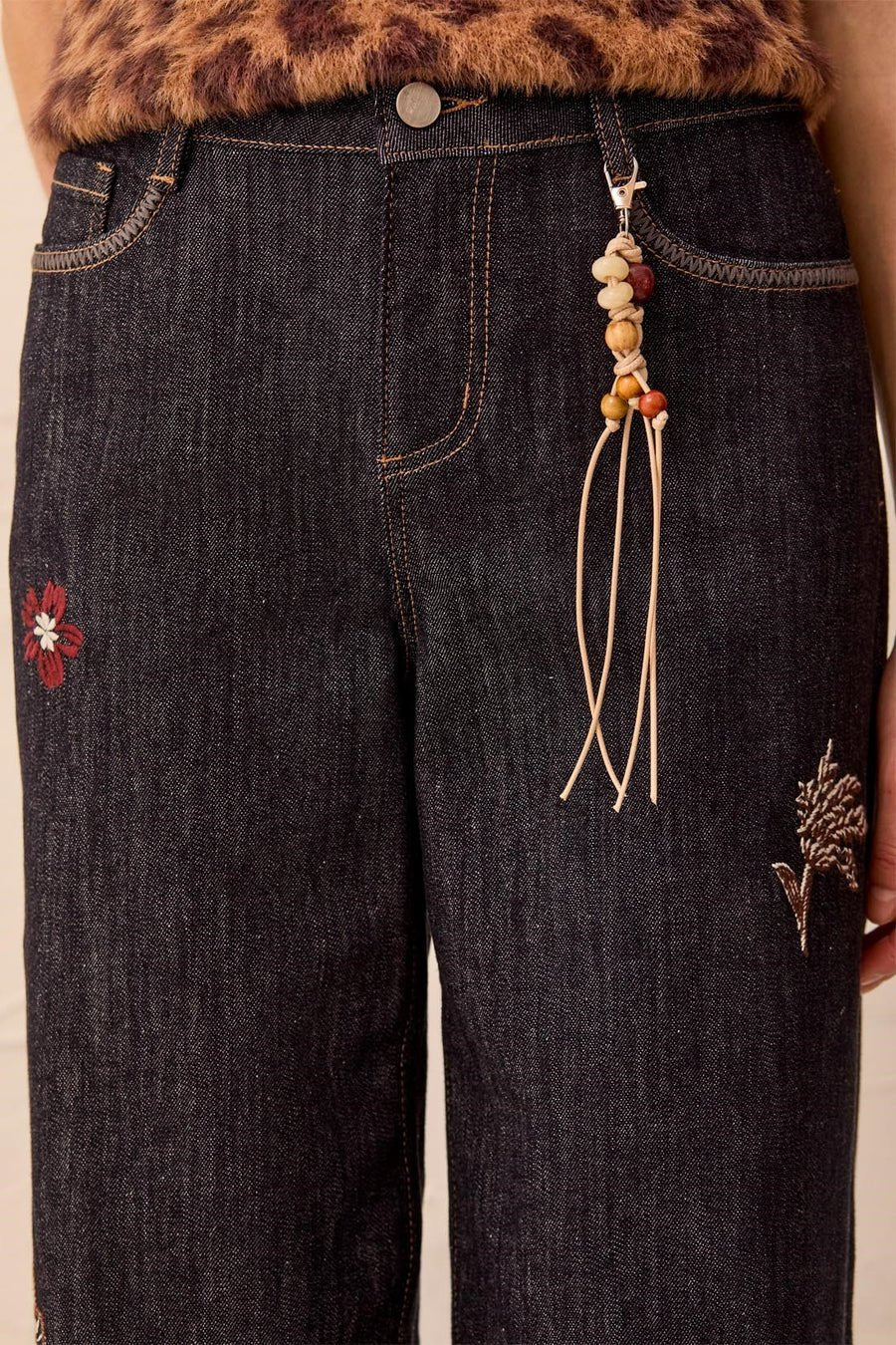 Tribal Audrey Embroidered Wide Leg Mid Rise Denim With Charm Detail