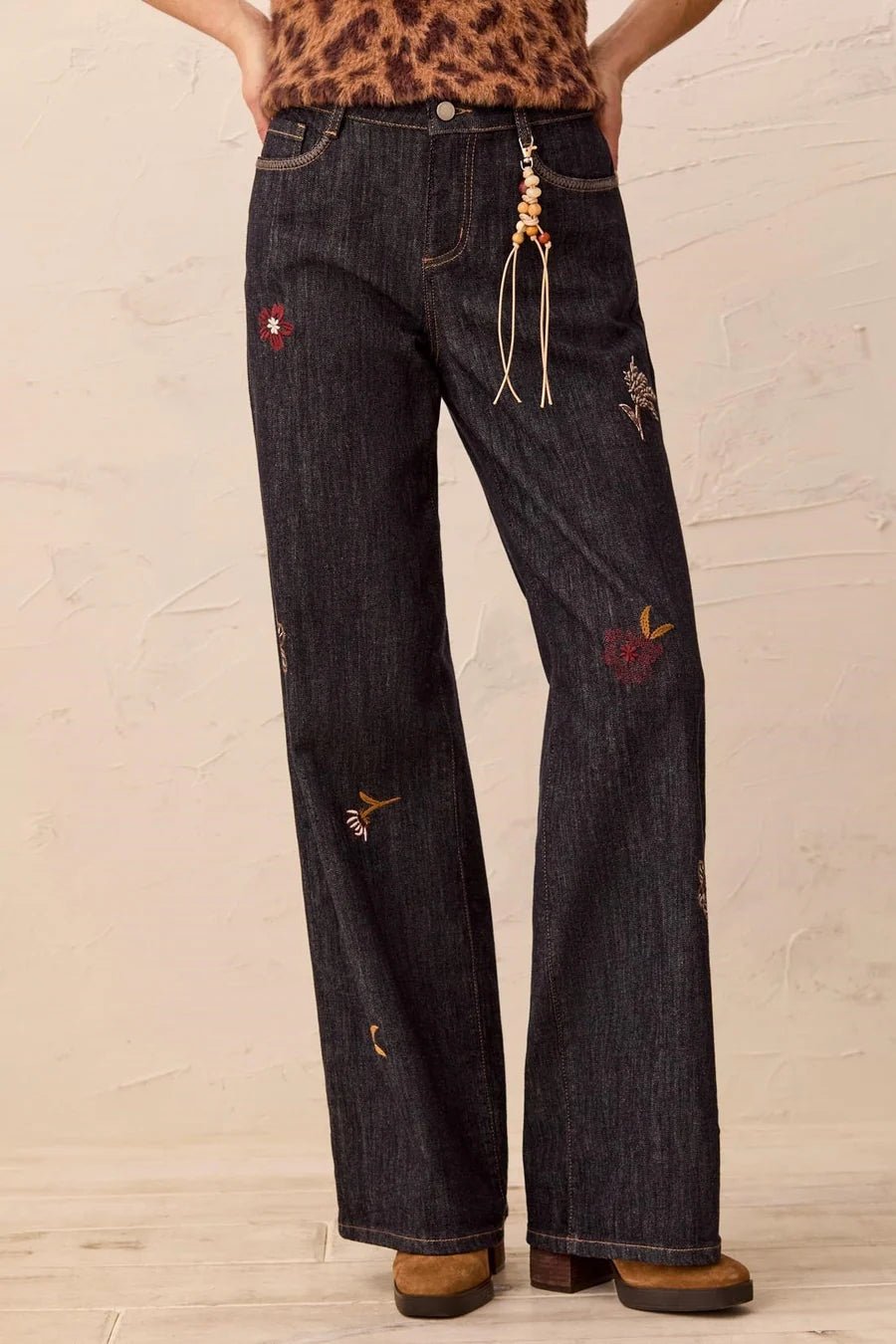 Tribal Audrey Embroidered Wide Leg Mid Rise Denim With Charm Detail