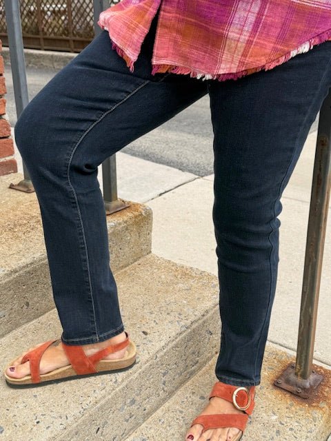 Tribal Audrey Pull - On Slim Ankle Pants with Glitters – Gold Denim Dark Rinse - Juli's Wearable Art