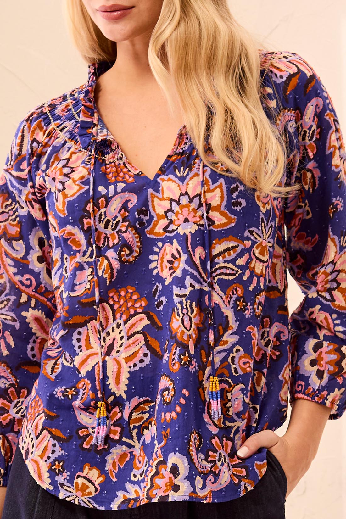 Tribal Blouse with Fancy Embroidery & Tassel | Electric Blue